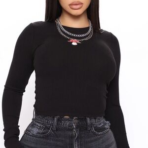 Fashion Nova Black Long Sleeve Top with Red Mushroom Design